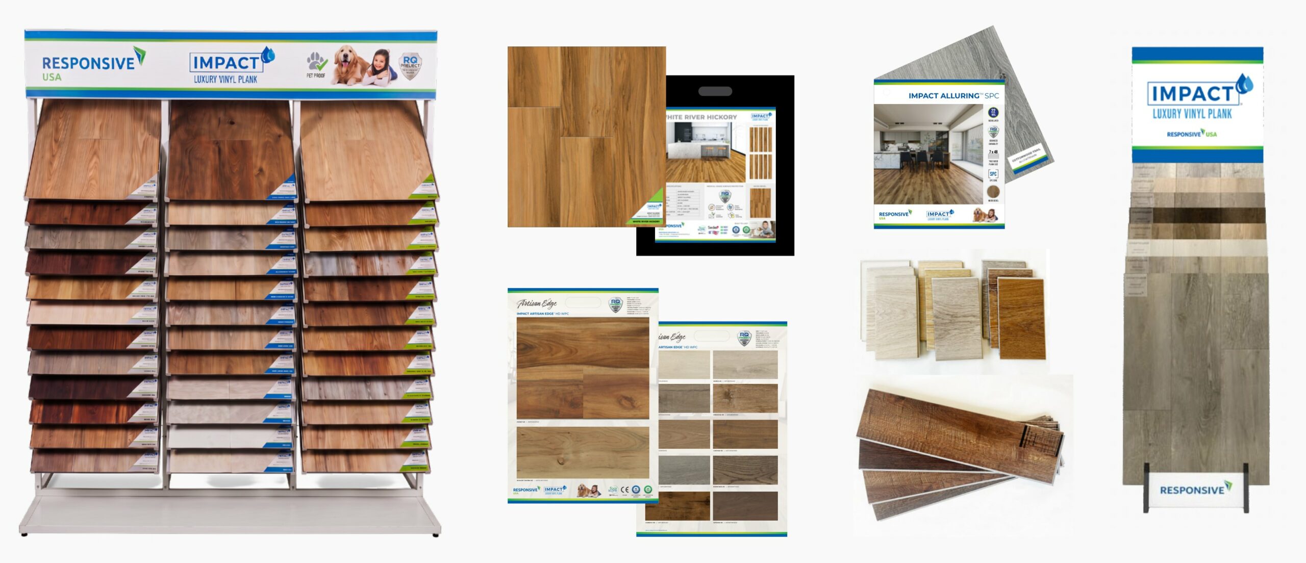 IMPACT LVP retail display rack, sample boards, sell sheets, chip sets, strap sets and display stand